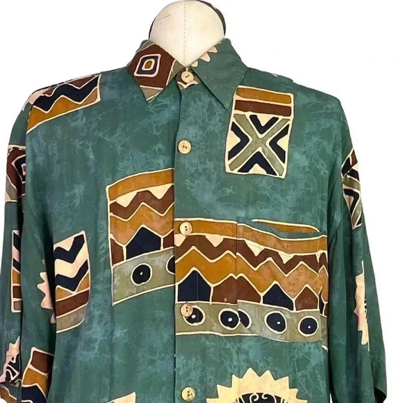 Territory Ahead Men XL Tribal Hawaii Camp Shirt Green Brown Colorful Soft Pocket - Picture 2 of 8